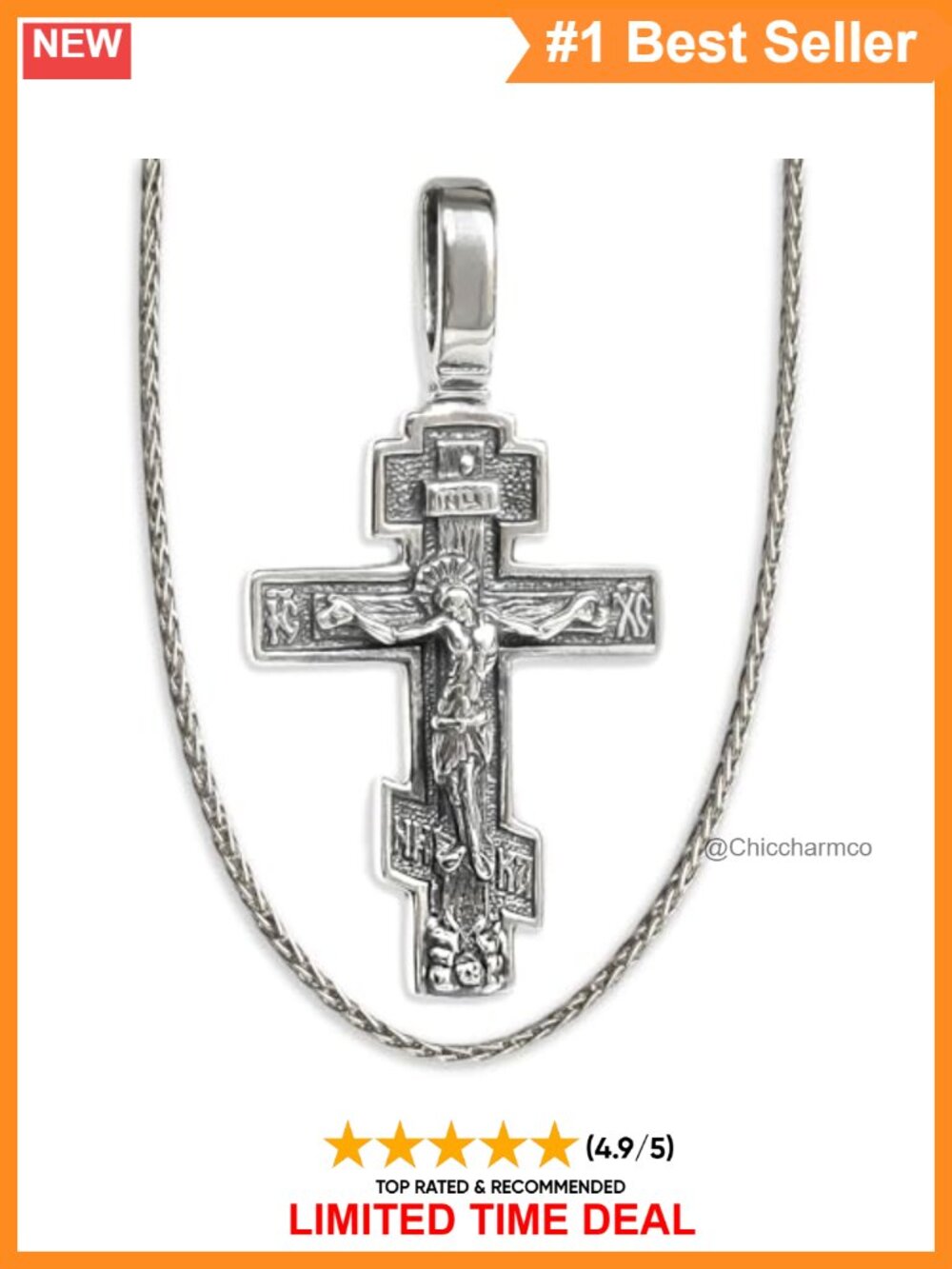 925 Sterling Silver Orthodox Cross Crucifix Pendant Necklace Spiga Rope Chain